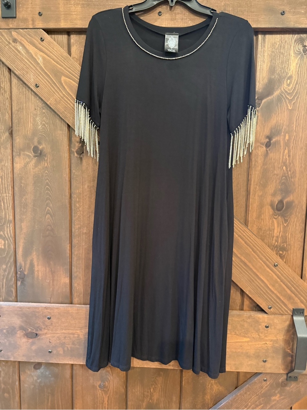 Vocal Black Rhinestone Fringe Sleeve Western Glam Dress Size Small Made USA